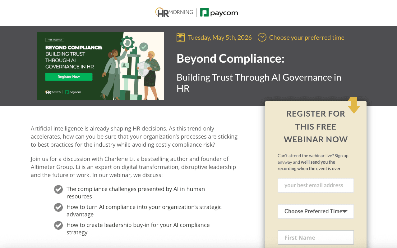 HRMorning webinar registration page with custom lead capture form