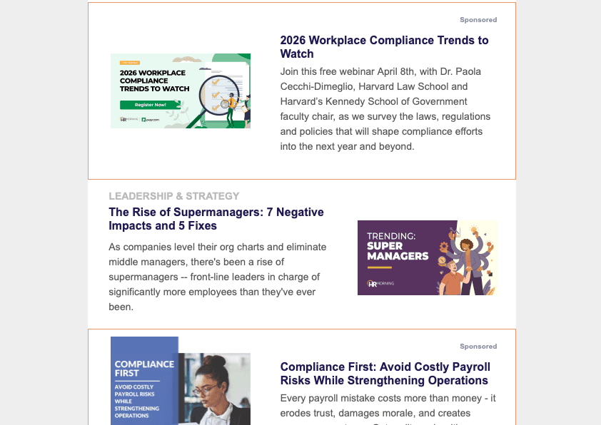HRMorning daily newsletter with sponsored placement